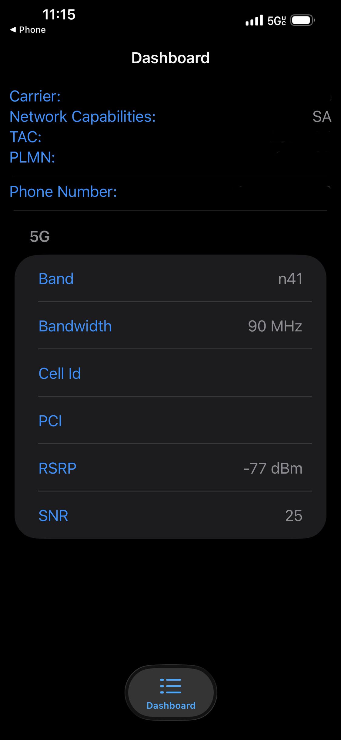 Screenshot of Field Test Mode showing a good cell signal