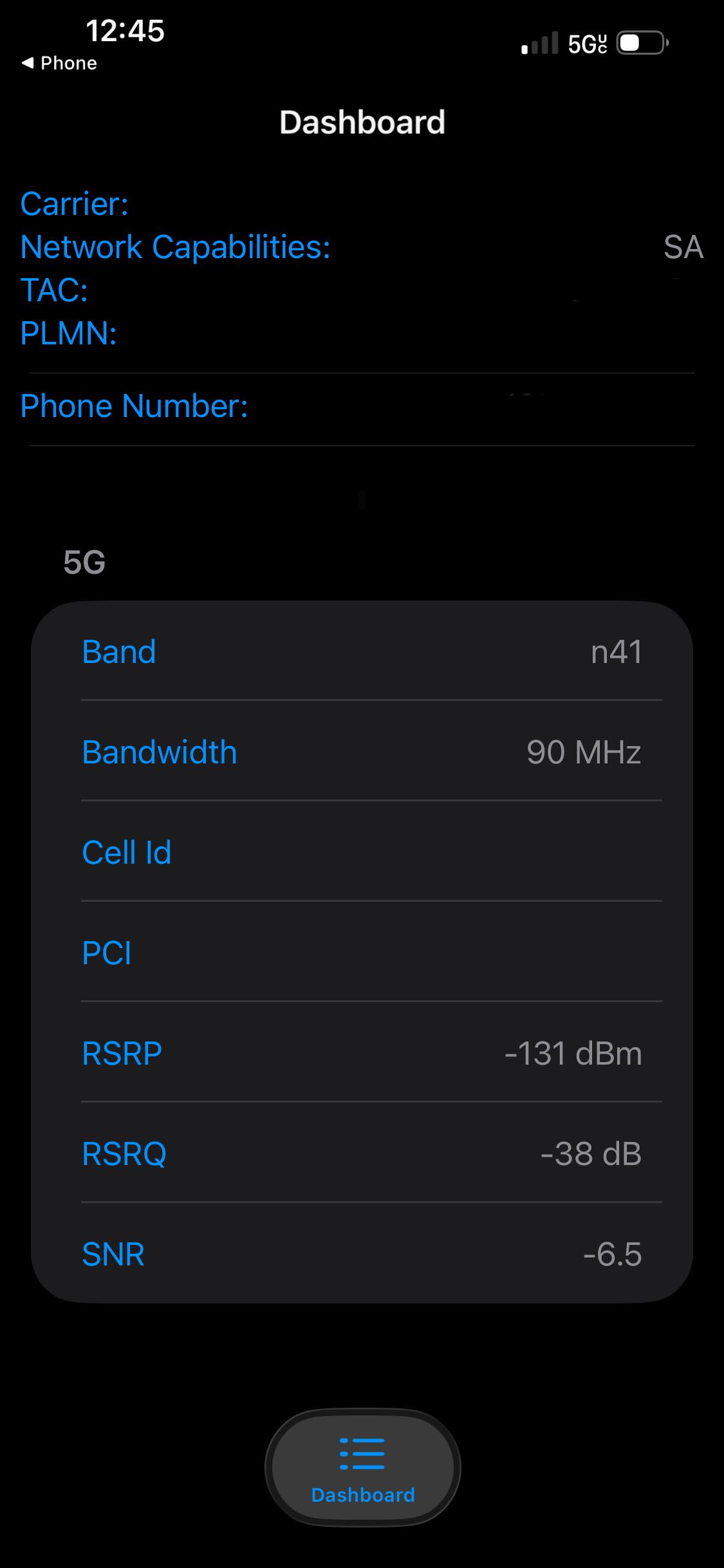 Screenshot of Field Test Mode showing a bad cell signal once phone is in the faraday bag